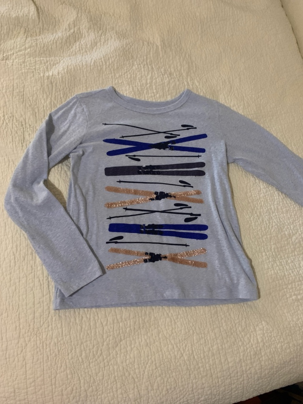 Crewcuts Light Gray Long Sleeve Tee with Blue and Gold Ski Graphic
